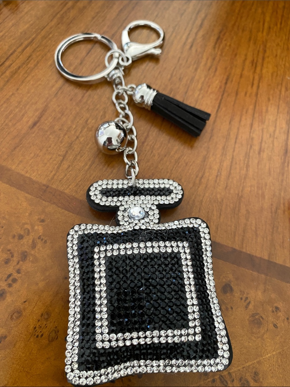 Black Crystal Perfume Bottle Key & Card Holder Charm with Tassel